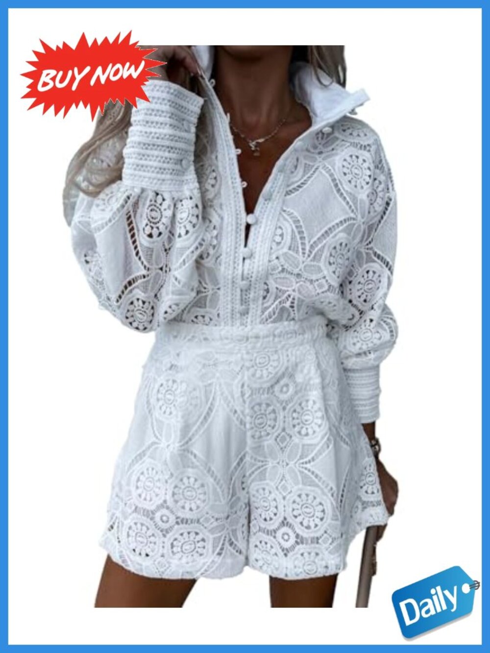 Eyelet Lace Two Piece Outfit Button Down Blouse & Shorts Set